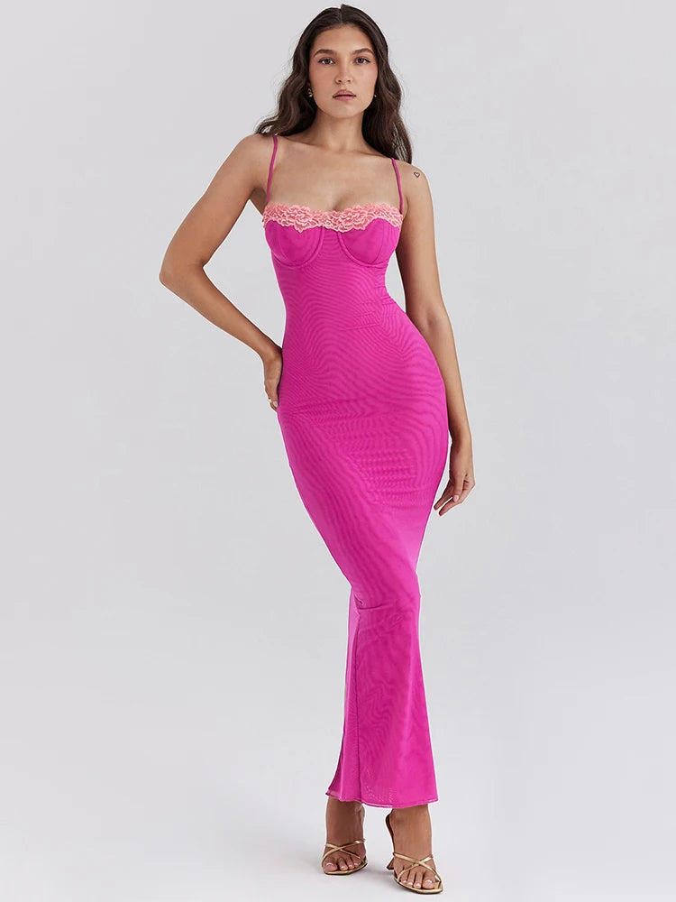 Lace Spaghetti Strap Bodycon Maxi Dress Women Gown Patchwork Fashion Sleeveless Backless Sexy Club Party Dress Elegant