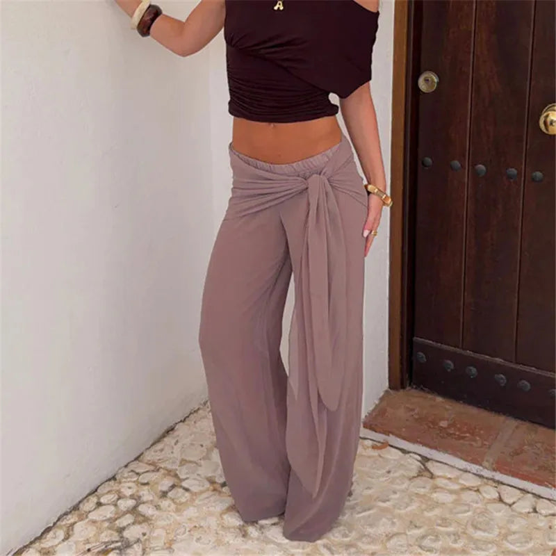 Women Solid Casual Wrap Pants Ruched Waist Elastic Wide Leg Yoga Leggings Flared Tie Front Knot Lounge Trousers
