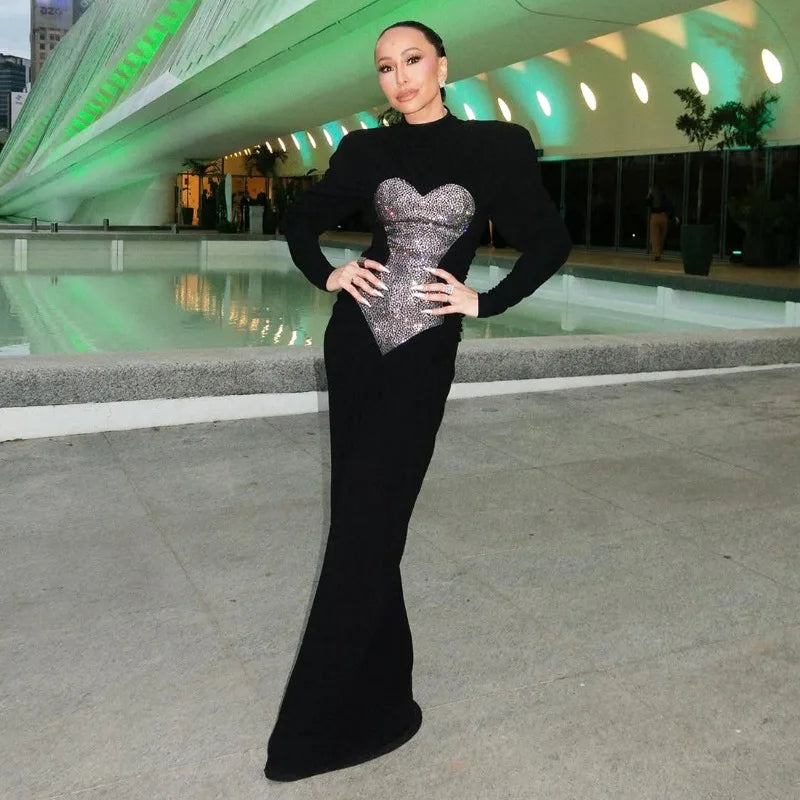Sequined Body Ball Gown Black Luxury Evening Dress Long Sleeve Pleated Maxi Dresses Woman
