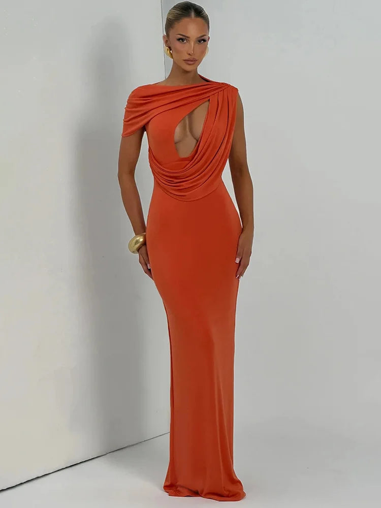 Cut Out One Shoulder Sexy Maxi Dress Women Elegant Draped Bodycon Evening Gown Club Party Long Formal Cocktail Dress