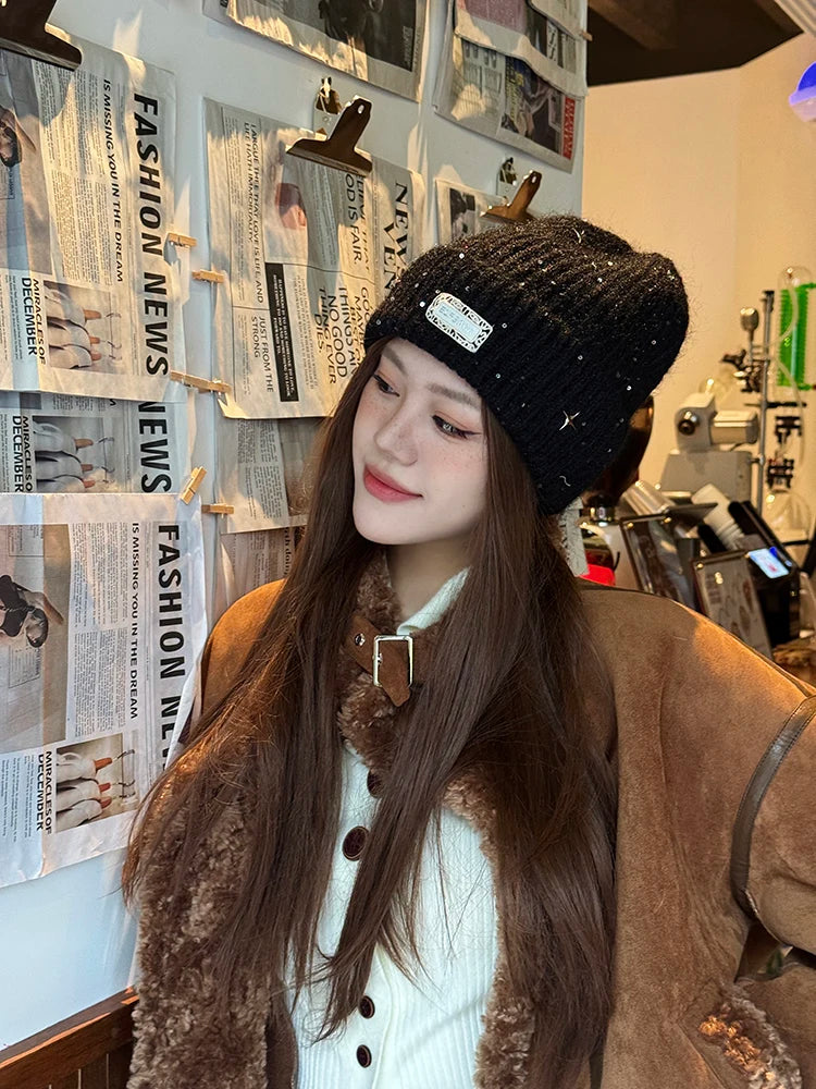 Y2K Sweet Star Sequin Warm Solid Knit Beanie For Women