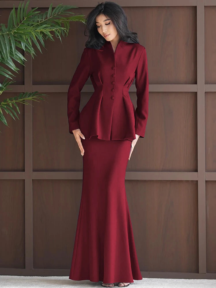 Office 2-Piece Set Women v-Neck Single-Breasted Full Sleeve Folds Hem Coats+Fishtail Skirts Elegant Simple Chic Suits