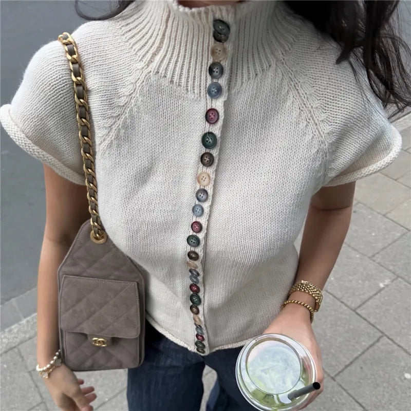 Women's Slim Fit Lightweight Sweater Shirt Elegant Colorful Button Down Short Sleeve Mock Neck Knit Cardigan Streetwear