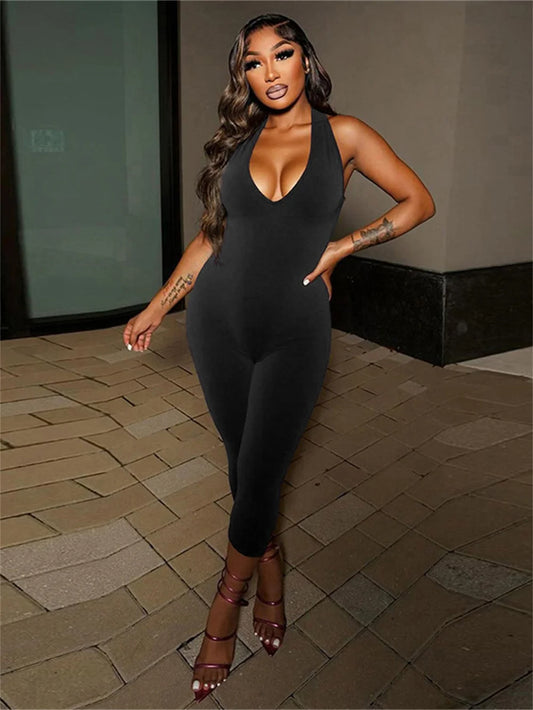 Halter Deep V-Neck Romper Women Fit Simple Sexy Basic Backless Sleeveless Skinny Stretch Casual Streetwear Playsuit