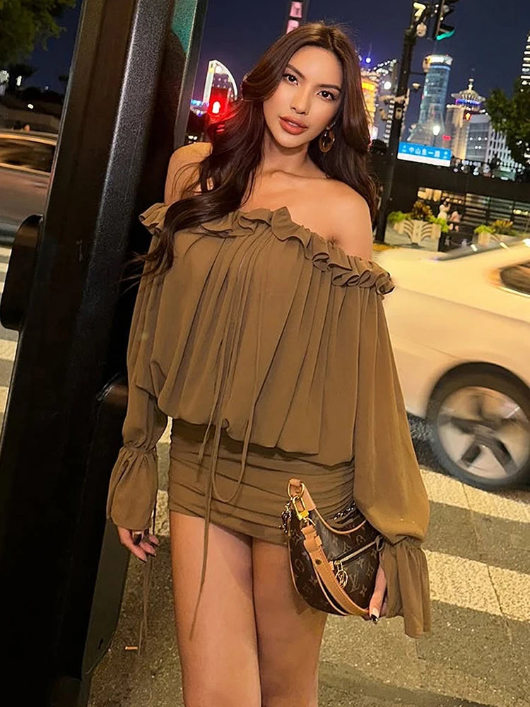 Sexy See Through Dress Women Slash Neck Drawstring Butterfly Sleeve Ruffles Ruched Skinny Peach Hip Clubwear Bodycon