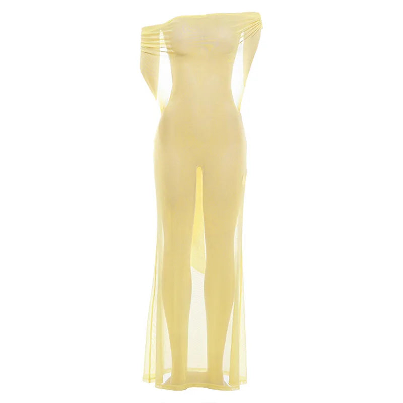 Sexy See Through Mesh Vacation Dresses Yellow Off Shoulder Backless Long Maxi Dress 2026 Fashion Trends Woman