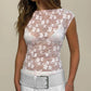 Women Y2K Vintage Floral Lace Crop Top Goth Grunge Cap Sleeve Scoop Neck See-Through Sheer Mesh Baby Tees