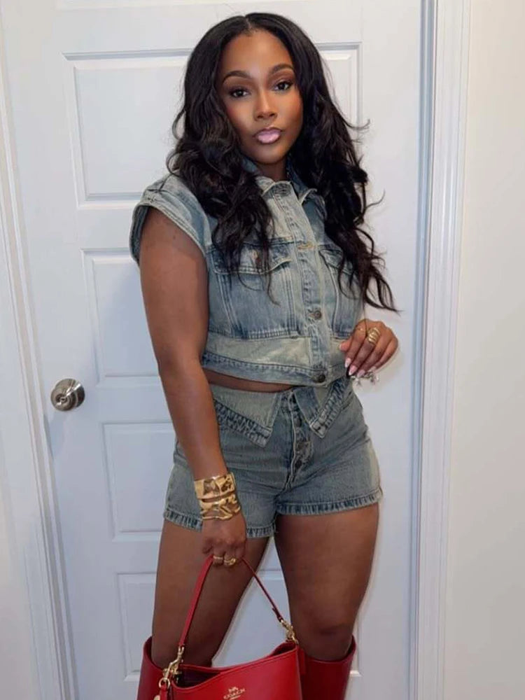 Patchwork Women 2 Piece Set Frock Tracksuit Single-Breasted Pocket Tank Tops+Lapel Short Matching Streetwear Outfits