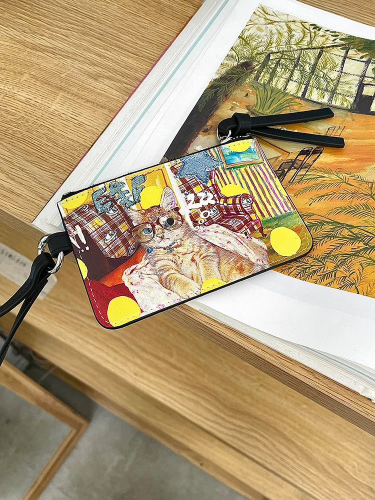 Cute Cat Print Card Holder, Mini Zipper Coin Purse with Lanyard, Casual Small Wallet for Women