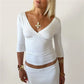 Y2K Vintage Wrap V Neck Crop Top Ladies 3/4 Sleeve Ruched Slim Fitted Short Blouse Casual Going Out Streetwear Tops