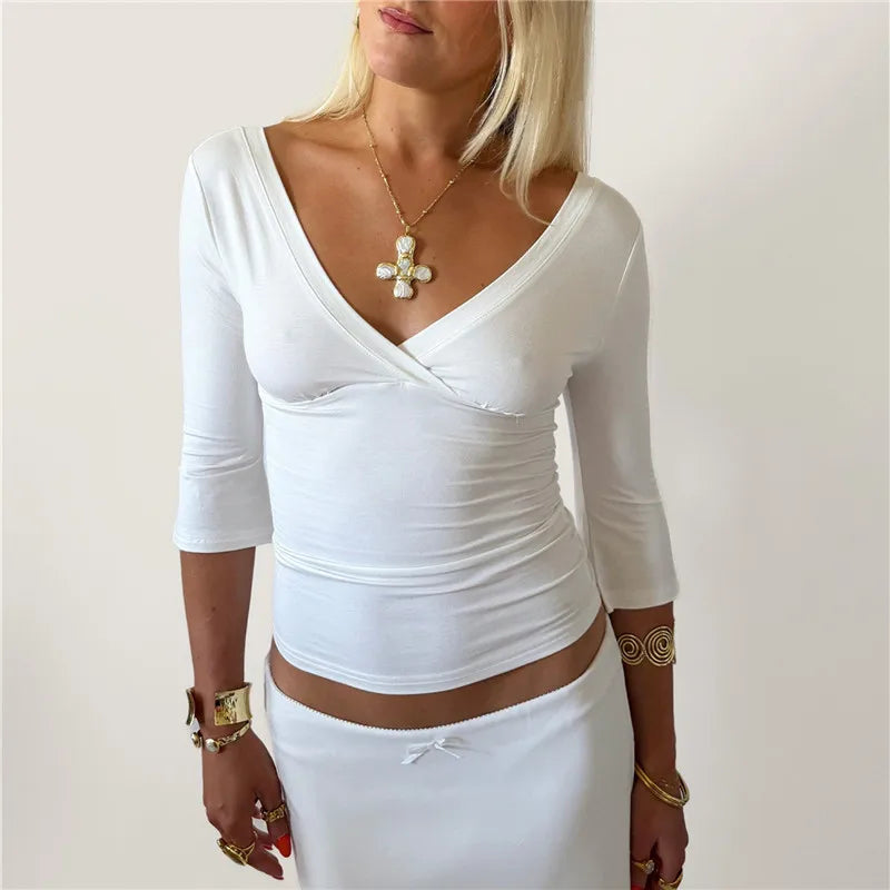 Y2K Vintage Wrap V Neck Crop Top Ladies 3/4 Sleeve Ruched Slim Fitted Short Blouse Casual Going Out Streetwear Tops