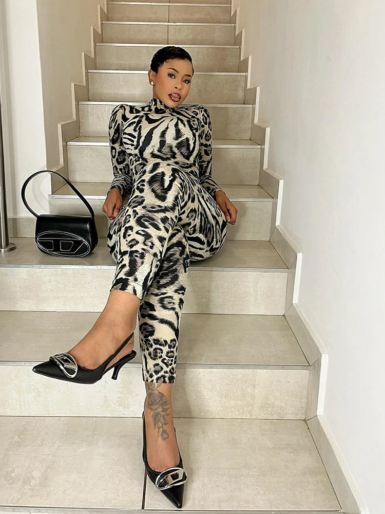 Fitness Jumpsuit Women Sexy Zip Leopard Print Full Sleeve Streetwear Activity Workout Casual Tight Stretch Overalls