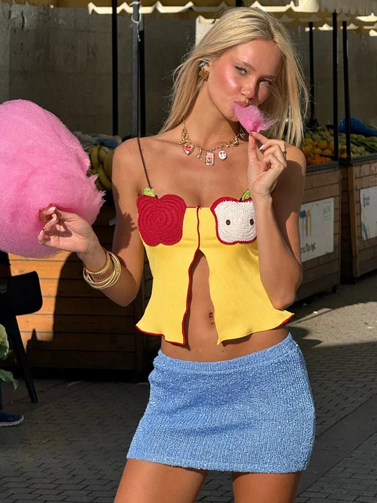 Cartoon Style Camisole Women Fashion Patchwork Backless Skinny Splits Hem 2025 New Trend Arrive Elegant Streetwear