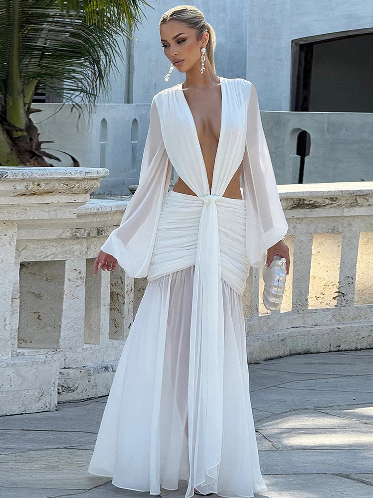 Sexy See Through Dress Women Deep V-Neck Full Sleeve Hollow Waistless Ruched Knot Ribbon Street Elegant Long Bodycon