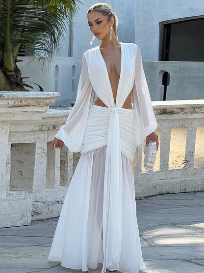 Sexy See Through Dress Women Deep V-Neck Full Sleeve Hollow Waistless Ruched Knot Ribbon Street Elegant Long Bodycon