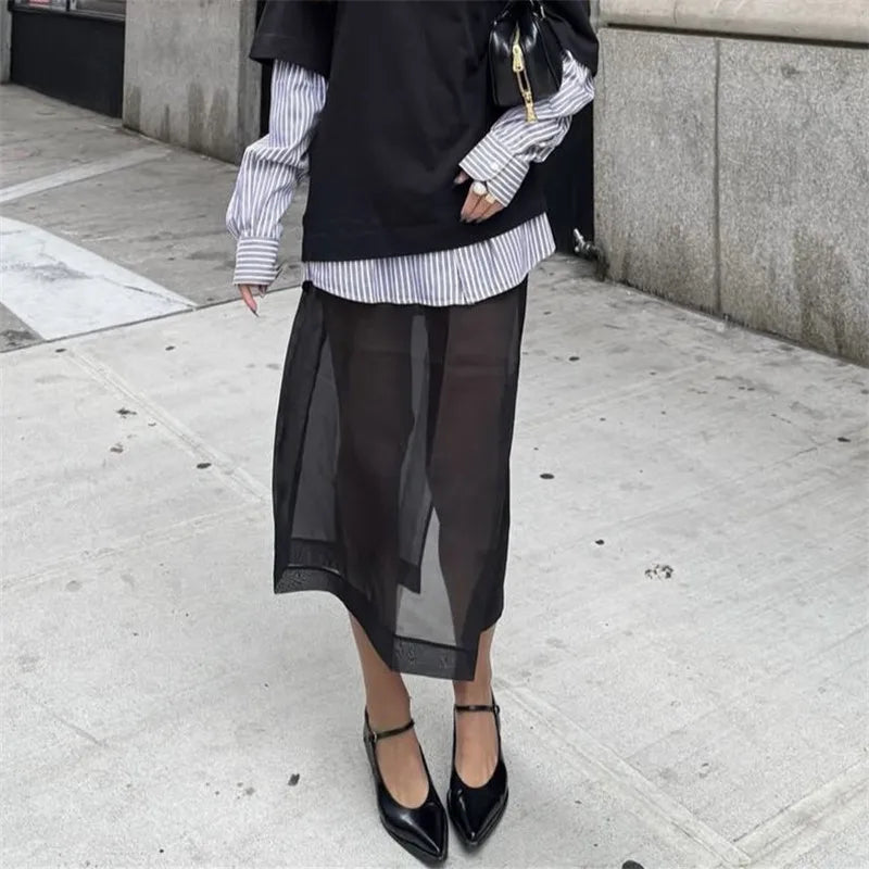 Women Minimalist Sheer Mesh Layering Midi Skirt Transparent See-Through Trimmed Hem Versatile Overlay Skirt CasualOffice