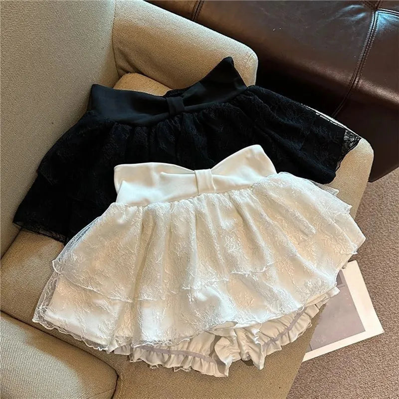 Balletcore Sweet Lace Layered Skort Ladies Large Bow Waist Ruffled Mini Skirt Built In Shorts Y2K Kawaii Going Out Skirt