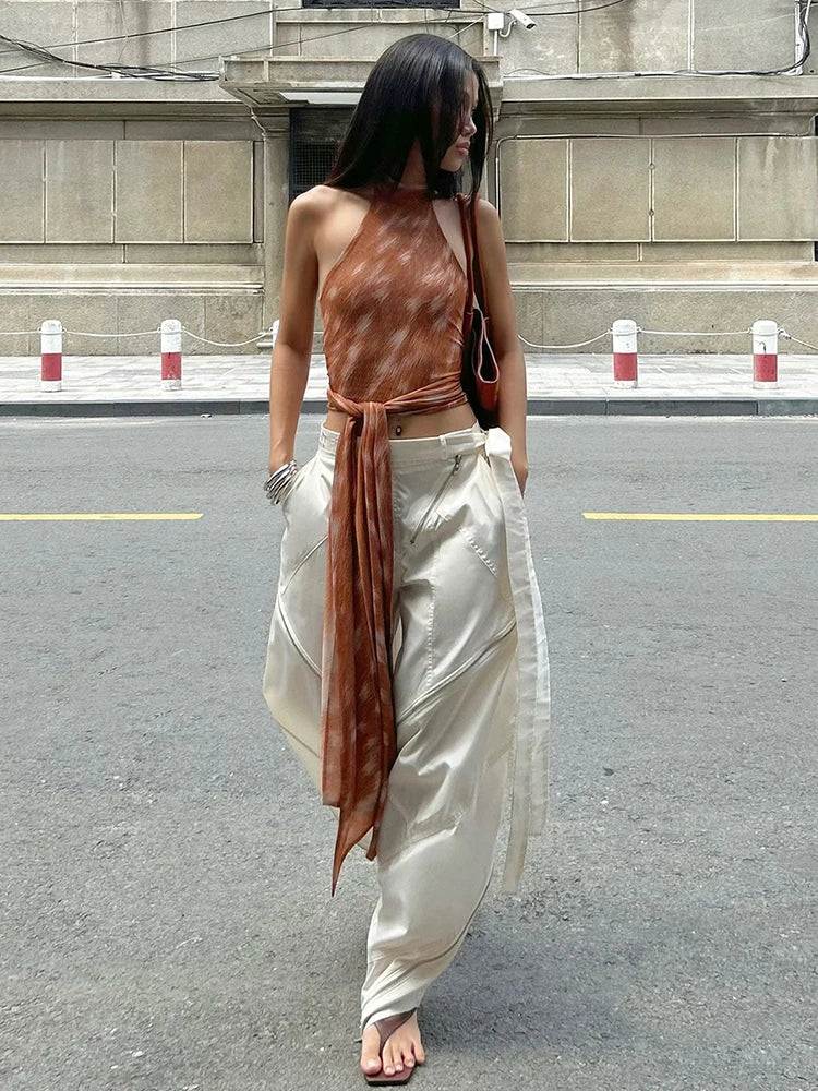 Lace-Up Tassel Tank Tops Women Y2K O-Neck Gradient Print Skinny Street Hip Hop Style Hottie Sexy Midnight Street Vest