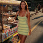 Striped Yellow Sexy Dresses for Summer 2025 Spaghetti Strap Backless Mini Dress Resort Wear