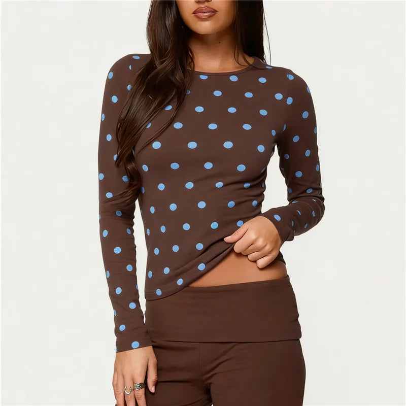 Y2K Coquette Polka Dot Long Sleeve Crew Neck Slim Fitted T-Shirt Crop Top Women Casual Bodycon Spring Fall Streetwear