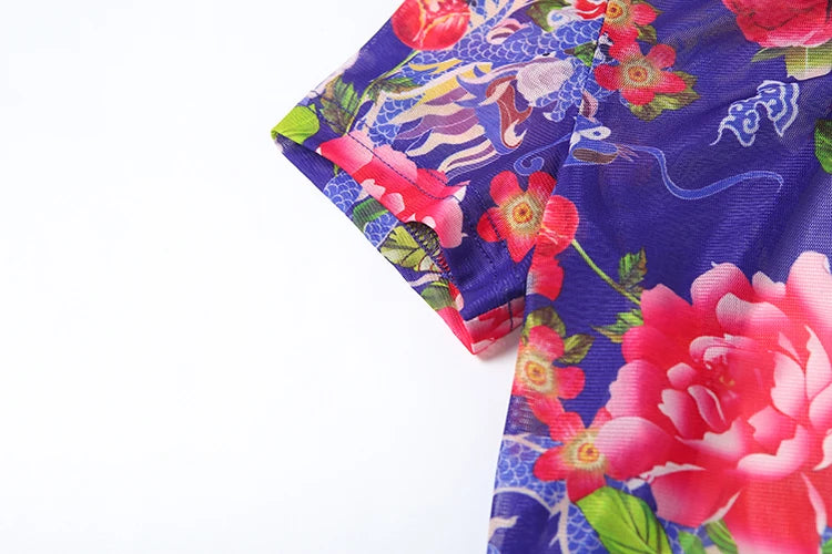 Flower Print Jumpsuits Women Turtleneck Short Sleeve Backless Skinny Peach Hip Midnight Club Party Fashion Overalls