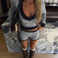 Stripe Print 2 Piece Set Woman Low-Neck Full Sleeve Navel Exposed Tops+Mini Shorts High Street Casual Fashion Suits