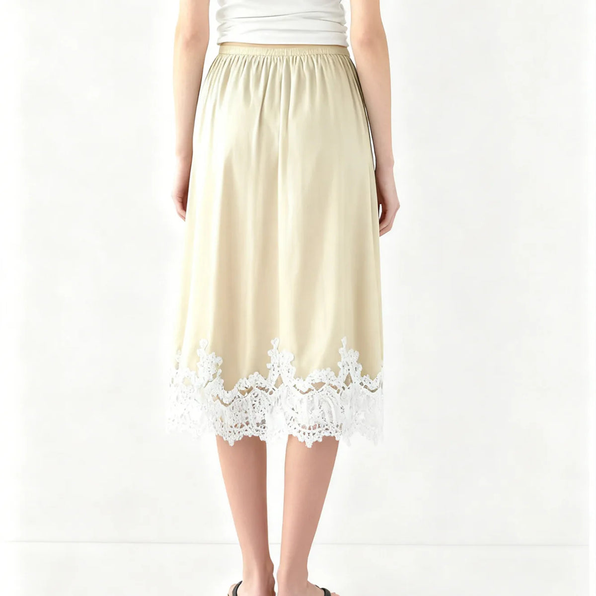 Women Summer Solid Elegant Satin Lace Patchwork Long Skirts High Waist Office Ladies Vacation Midi Skirts Y2K Streetwear