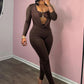 Sexy Fashion Jumpsuits Women Metal Decoration Swing Collar Full Sleeve Skinny Peach Hip Midnight Club Party Overalls