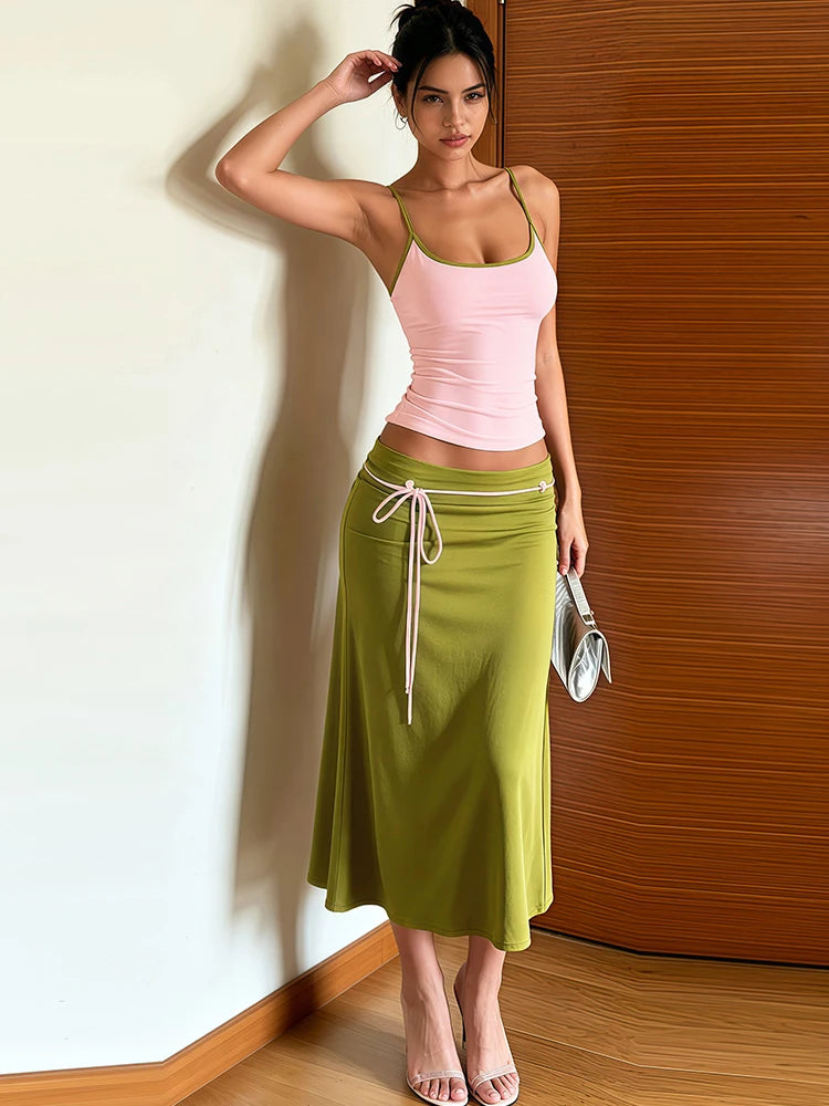 Color Blocking Elegant 2 Piece Set Woman Summer Trend Low-Neck Backless Camisoles+Ribbon Decoration Long Skirts Suits