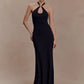 Black Halter Sexy Maxi Dress Women Elegant Gold Ring Off-shoulder Sleeveless Backless Bodycon Club Party Long Dresses
