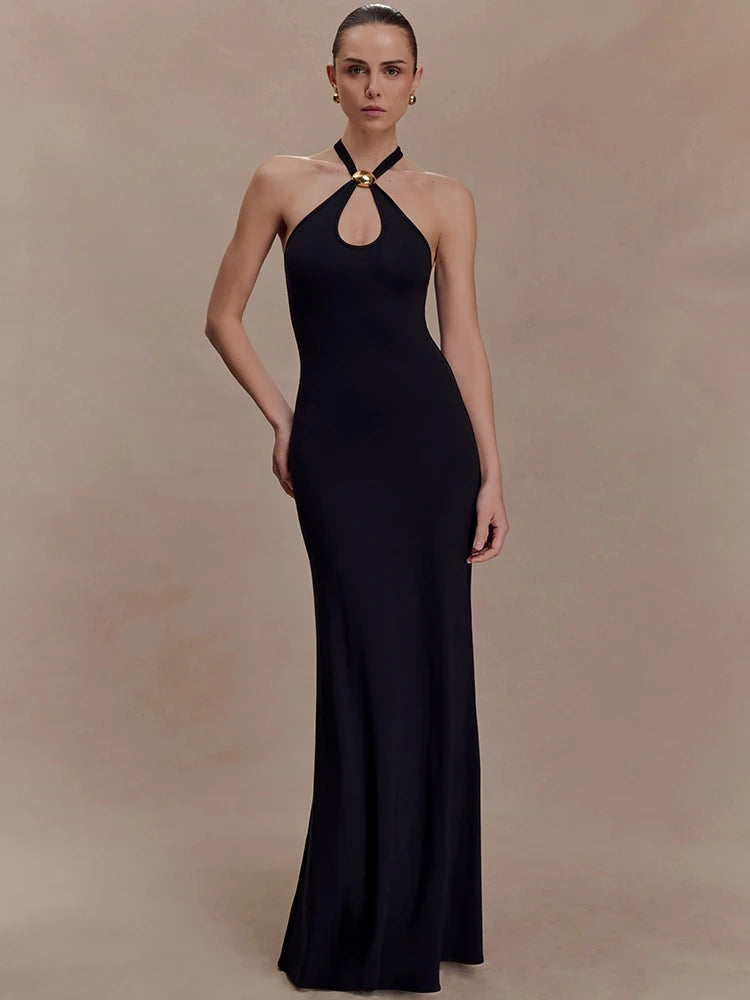 Black Halter Sexy Maxi Dress Women Elegant Gold Ring Off-shoulder Sleeveless Backless Bodycon Club Party Long Dresses