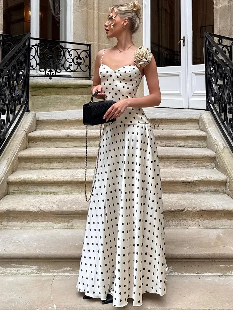 Elegant Polka Dot Print 2 Piece Set Woman 3d Flower Decoration Low-Neck Backless Camisole+Long Skirts Ruched Chic Outfits