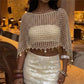 Summer Hollow Knit Coin Tassel Crop Poncho Women Off Shoulder Beach Bikini Cover Up Bohemian Vacation Layering Cape