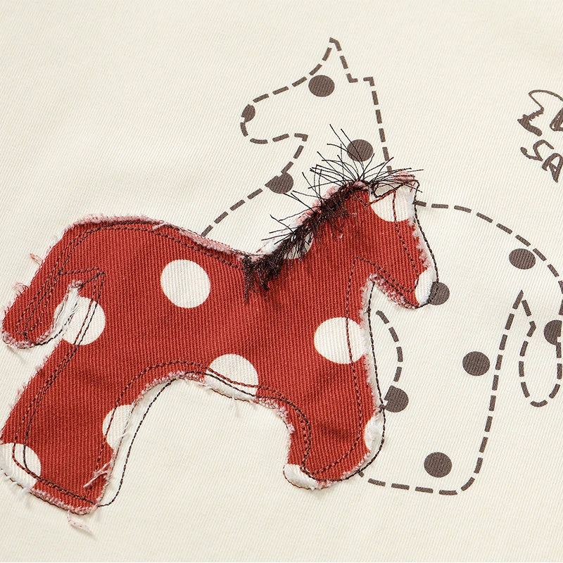 Polka Dot Horse Patchwork Raglan T-Shirt, Contrast Sleeve Loose Crop Top, Cute Retro Casual Tee for Women