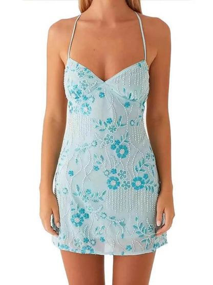 Sequins Backless Sexy Mini Dress Women Spaghetti Strap Off-shoulder Backless Sleeveless Sparkle Club Party Skinny Dress