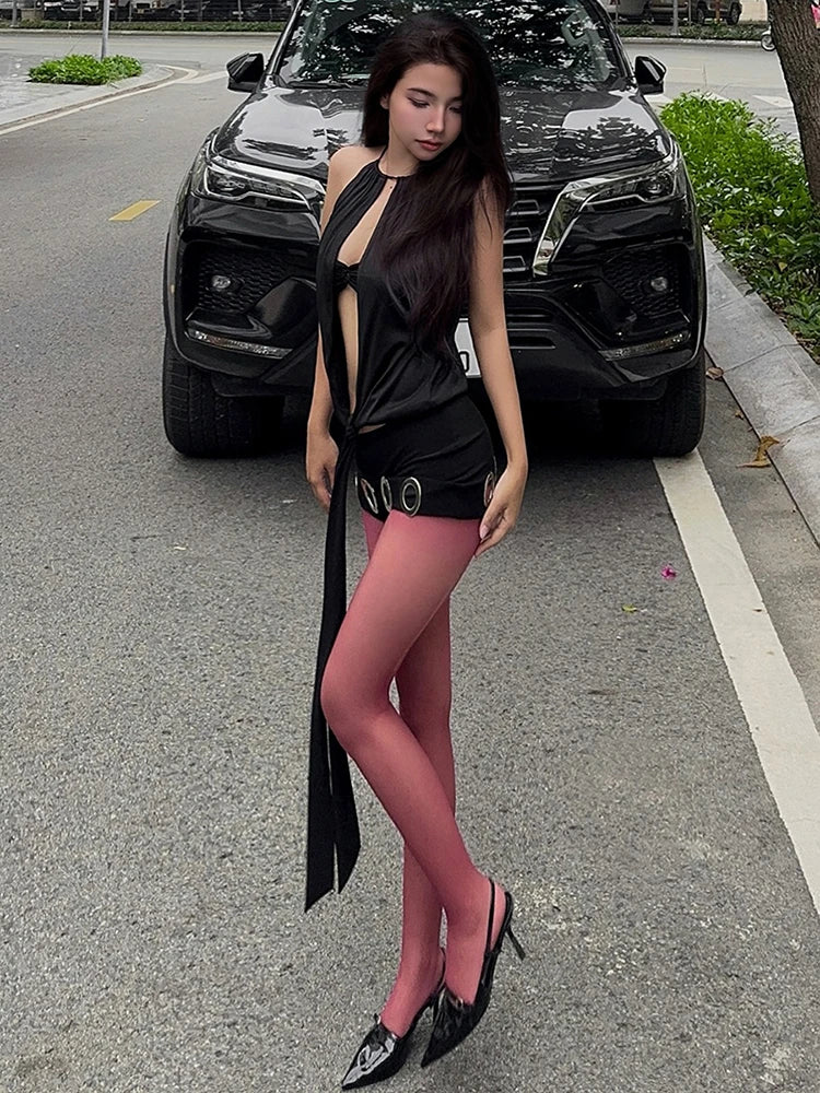 Hottie Sexy 2-Piece Set Women Sleeveless Hollow Lace-Up Patchwork Top+Peach Hip Mini Skirt Skinny Street Clubwear Outfits