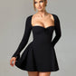 Long Sleeve A-line Sexy Mini Dress For Women Robe Autumn Fall Bow Square Collar Pleated Dress Elegant Dresses