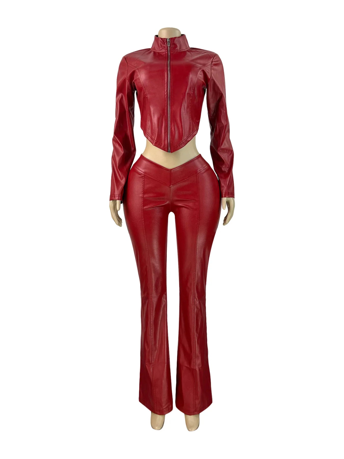 Christmas Luxury PU 2 Piece Set Women Hipster Irregular Zip Jacket Tops+Flare Pants Matching Streetwear Skinny Outfits