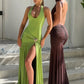Peach Buttocks Maxi Dress Women Halter Bandage Backless Side Split Low-Neck Sleeveless Metal Trim Elegant Vestidos