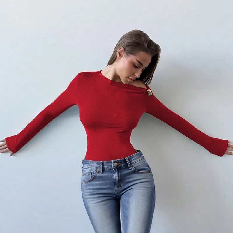 Hardwear Detail One Shoulder Long Sleeve Top Solid Color Sexy Tight Fitted T Shirts Woman Fall 2025 Fashion