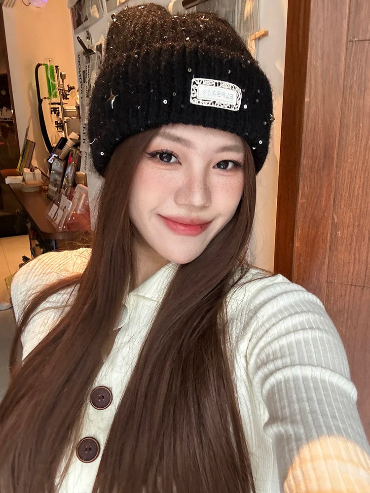 Y2K Sweet Star Sequin Warm Solid Knit Beanie For Women