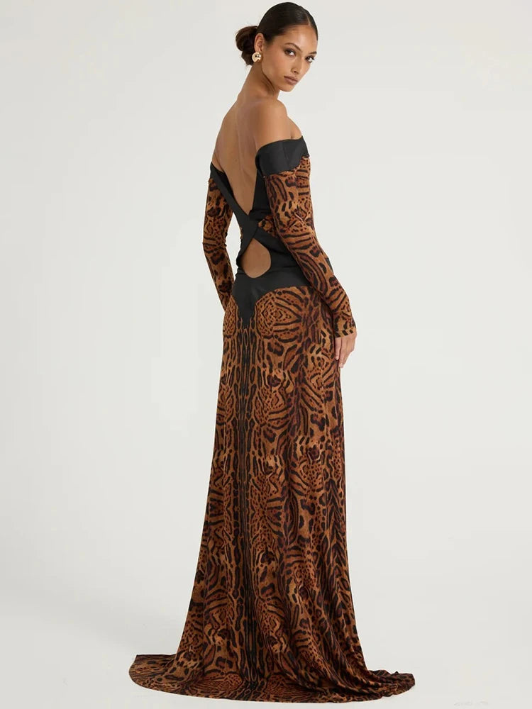 Women Off Shoulder Leopard Print Maxi Dress Long Sleeve Cutout Bodycon Evening Party Gown Formal Wedding Guest Dress