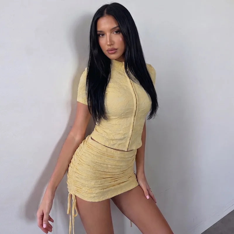 Yellow Textured Two Piece Set Drawstring Ruched Mini Skirt and Top Sexy Womens Outfit