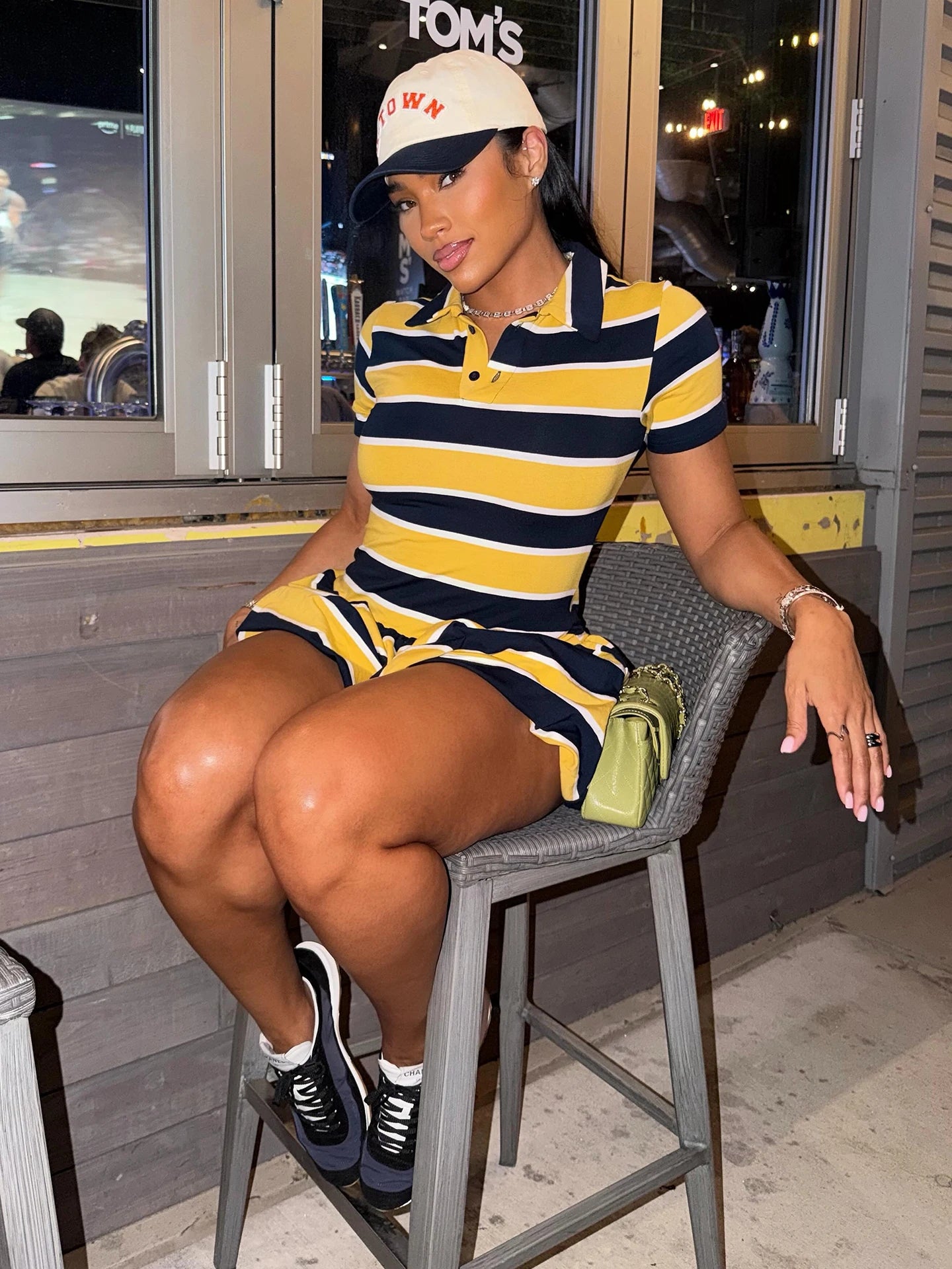 Stripe Print Mini Dress Woman Summer Trend Button Lapel Shots Sleeve Shape Waist Daily Casual Sporty Style Bodycon