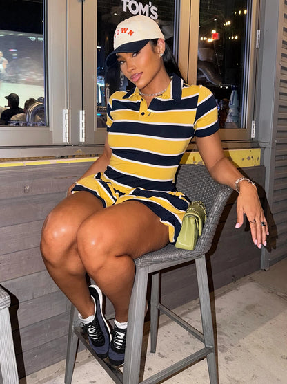 Stripe Print Mini Dress Woman Summer Trend Button Lapel Shots Sleeve Shape Waist Daily Casual Sporty Style Bodycon