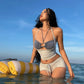 Plaid 2-Piece Set Bandage Halter Patchwork Bead Decoration Hollow Low-Neck Vest+Drawstring Simple Short Party Suit