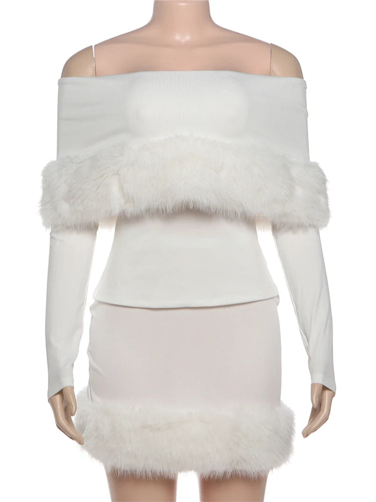 Plush Patchwork 2-Piece Set Women Slash Neck Long Sleeve t-Shirts+Elastic Waist Skirts Winter Trend Fashion Elegant Suits