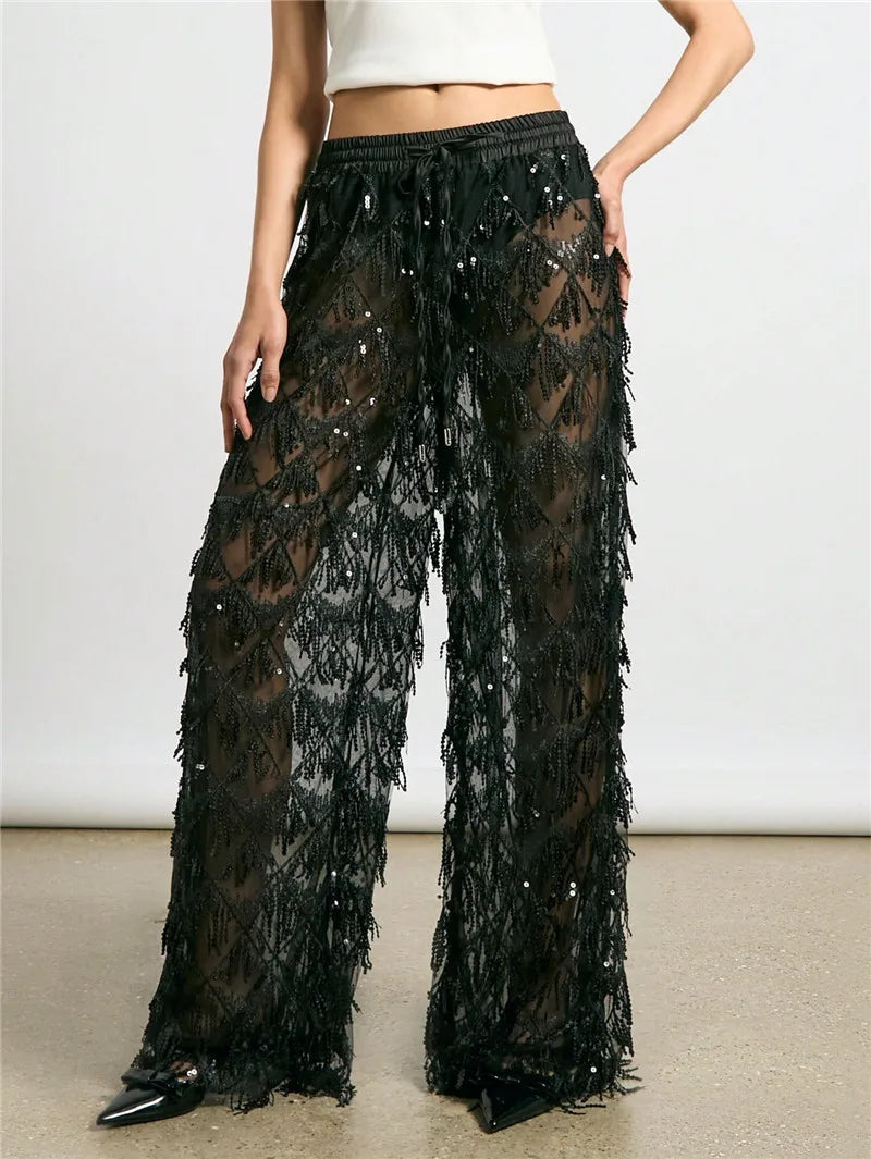 Sheer Mesh Sequin Fringe Wide Leg Pants Drawstring Elastic Waist See Through Beach Cover Up Palazzo Pants Party Clubwear