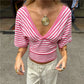 Retro Striped V Neck Crop Top Women Cross Wrap Short Sleeve T Shirt Low Back Slim Fit Striped Tee Y2K Aesthetic Outfits