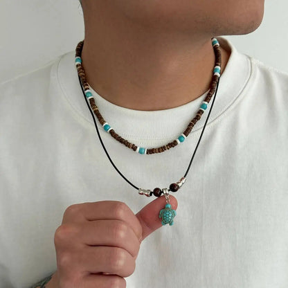 2Pcs/Set Vintage Sea Turtle Pendant Necklace Men Ethnic Style Multi Layer Stackable Stone Wooden Beaded Choker Jewelry